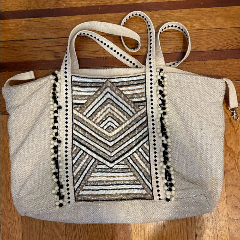 America & Beyond Beach Bag - Beige and Black Beaded Geometric Pattern